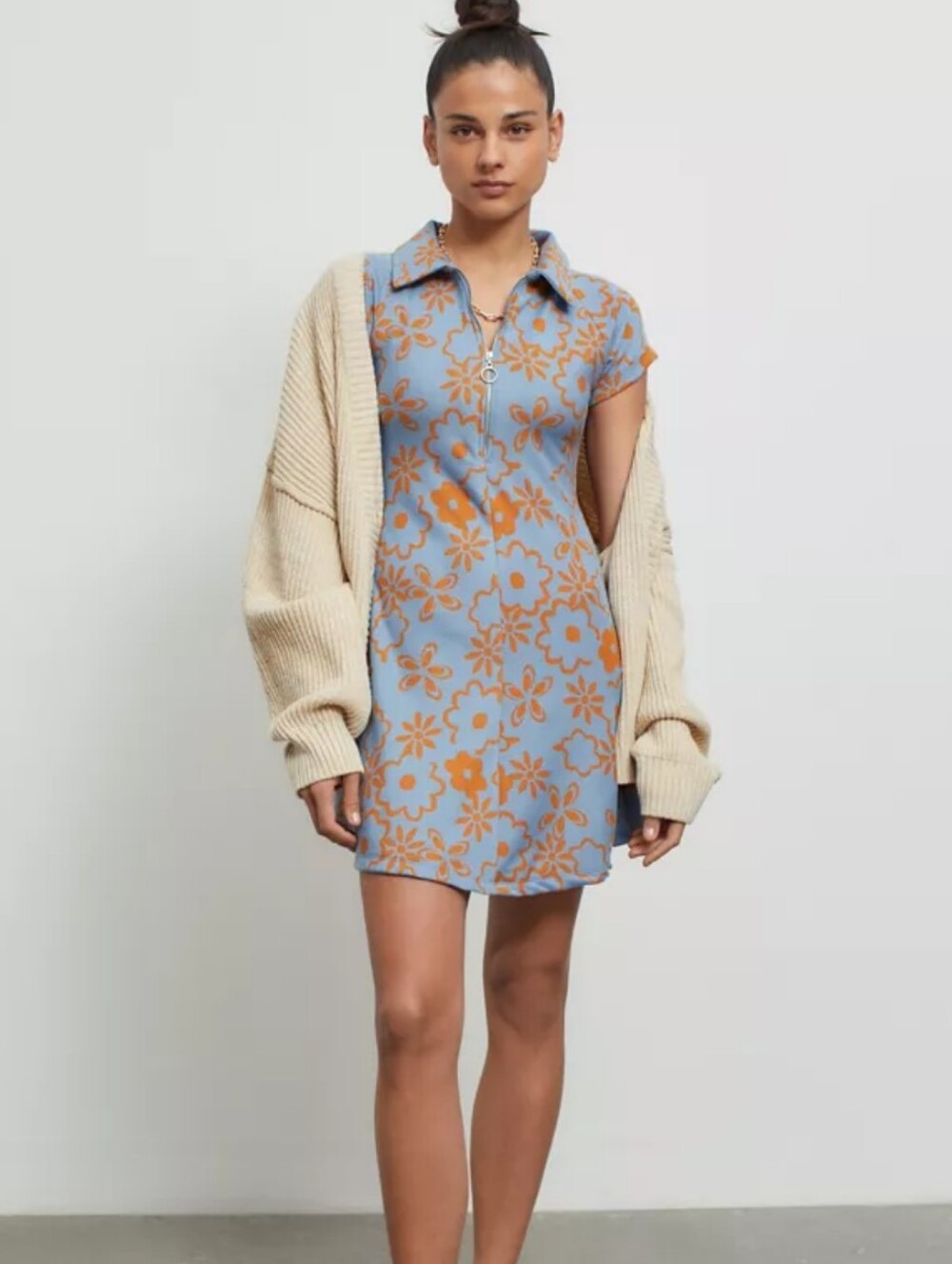 Urban Outfitters Size M Blue & Orange 60s 70s Retro Floral Zip-Front Mini Dress
